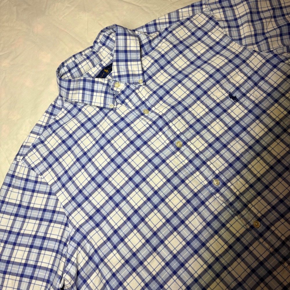 Polo Ralph Lauren Mens XL Blue White Plaid Short Sleeve Button Down Shirt Cotton - Picture 1 of 8